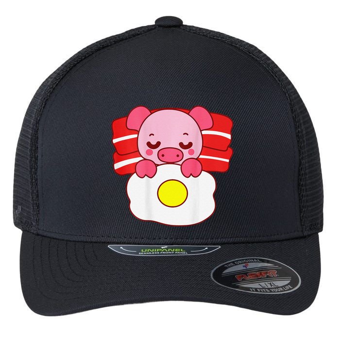 Cute Pig Sleeping On Bacon Pillow & Egg Blanket Art On Back .Png Flexfit Unipanel Trucker Cap