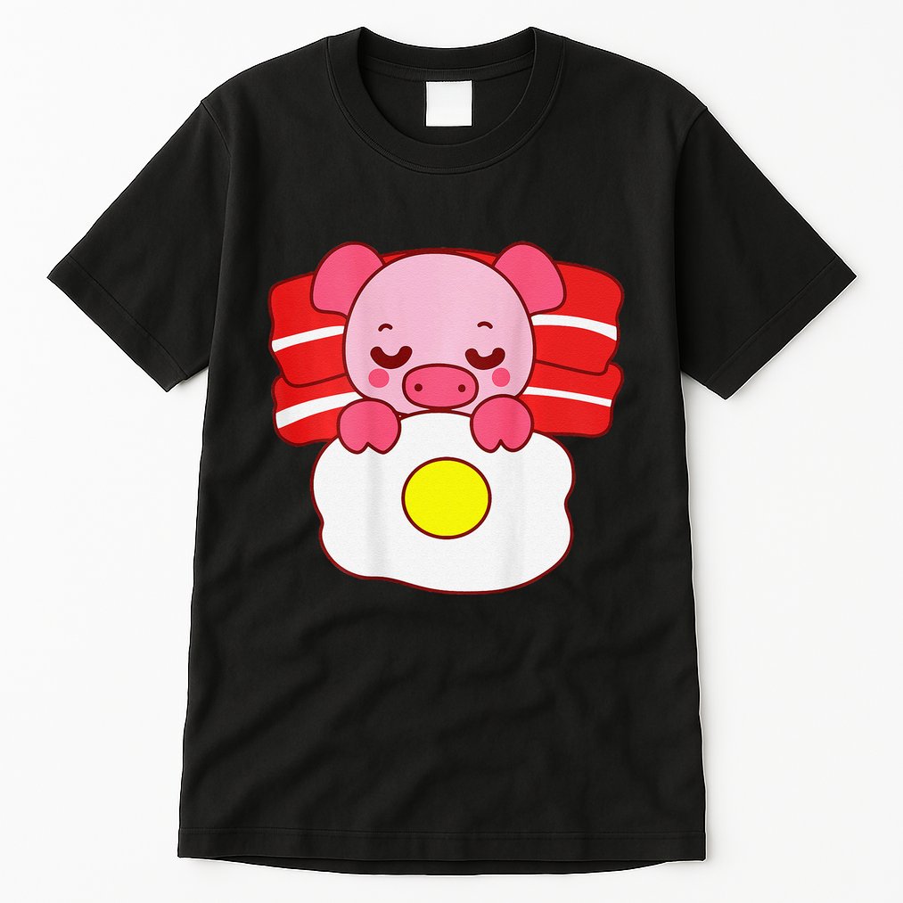 Cute Pig Sleeping On Bacon Pillow & Egg Blanket Art On Back .Png Tall T-Shirt