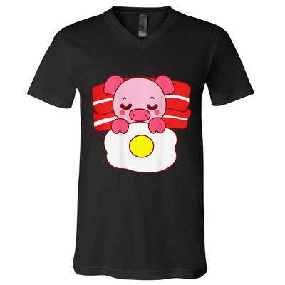 Cute Pig Sleeping On Bacon Pillow & Egg Blanket Art On Back .Png V-Neck T-Shirt