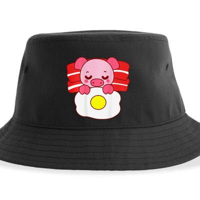 Cute Pig Sleeping On Bacon Pillow & Egg Blanket Art On Back .Png Sustainable Bucket Hat