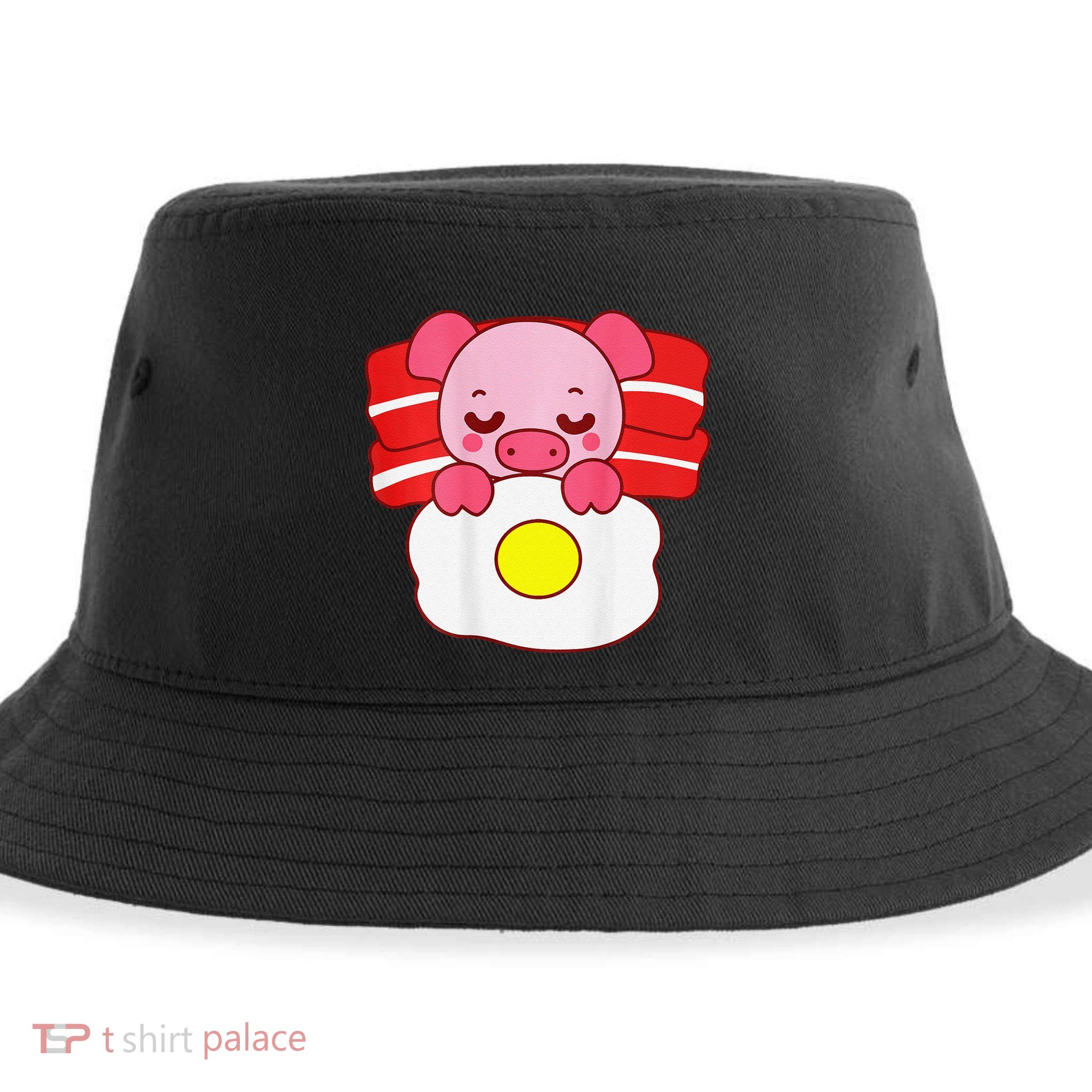 Cute Pig Sleeping On Bacon Pillow & Egg Blanket Art On Back .Png Sustainable Bucket Hat
