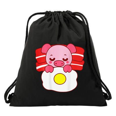 Cute Pig Sleeping On Bacon Pillow & Egg Blanket Art On Back .Png Drawstring Bag