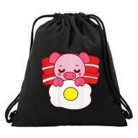 Cute Pig Sleeping On Bacon Pillow & Egg Blanket Art On Back .Png Drawstring Bag