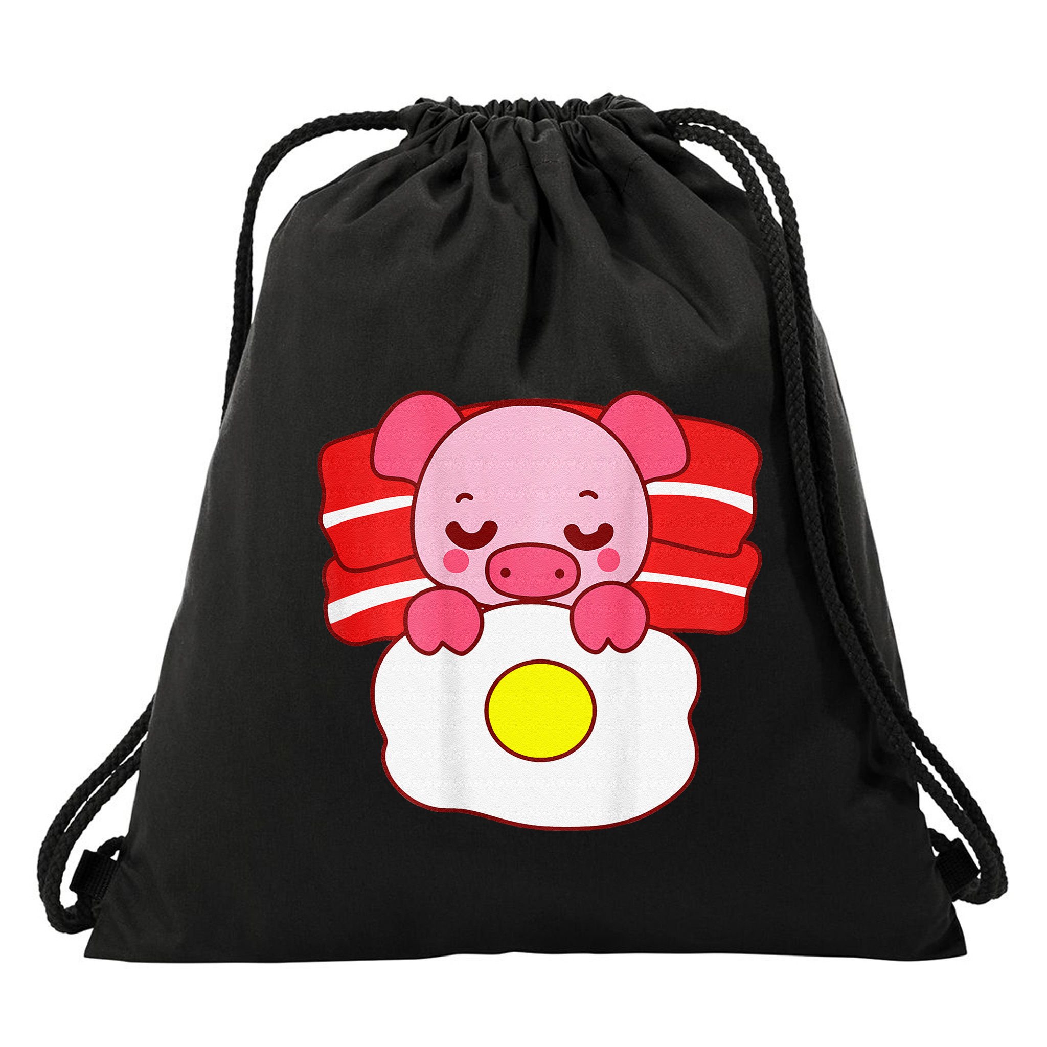 Cute Pig Sleeping On Bacon Pillow & Egg Blanket Art On Back .Png Drawstring Bag