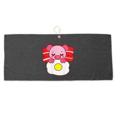 Cute Pig Sleeping On Bacon Pillow & Egg Blanket Art On Back .Png Large Microfiber Waffle Golf Towel