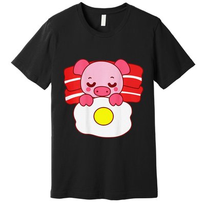 Cute Pig Sleeping On Bacon Pillow & Egg Blanket Art On Back .Png Premium T-Shirt