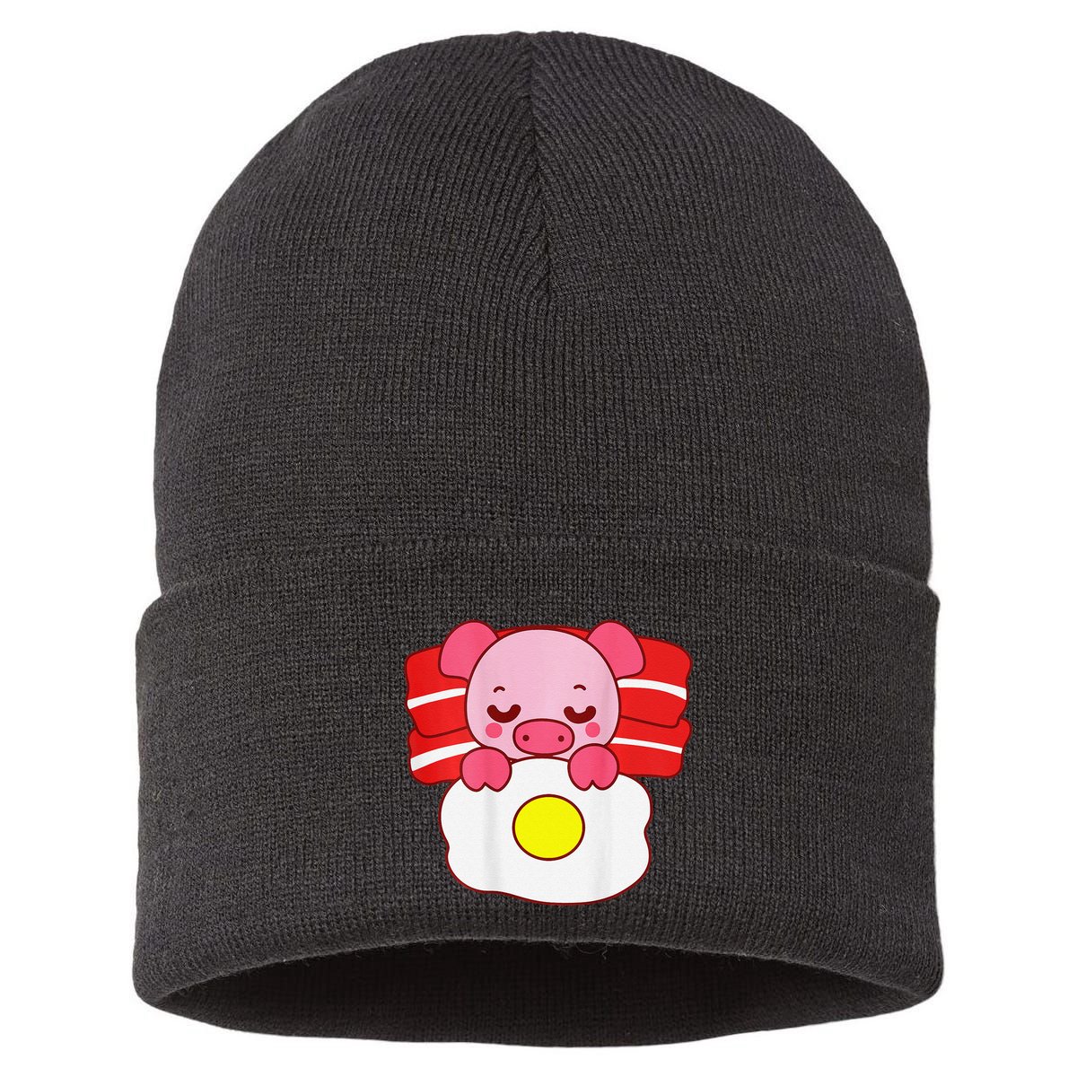 Cute Pig Sleeping On Bacon Pillow & Egg Blanket Art On Back .Png Sustainable Knit Beanie