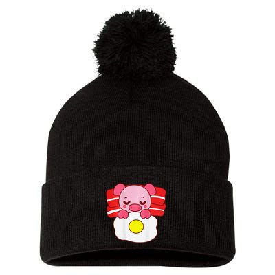 Cute Pig Sleeping On Bacon Pillow & Egg Blanket Art On Back .Png Pom Pom 12in Knit Beanie