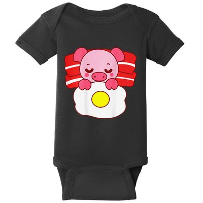 Cute Pig Sleeping On Bacon Pillow & Egg Blanket Art On Back .Png Baby Bodysuit