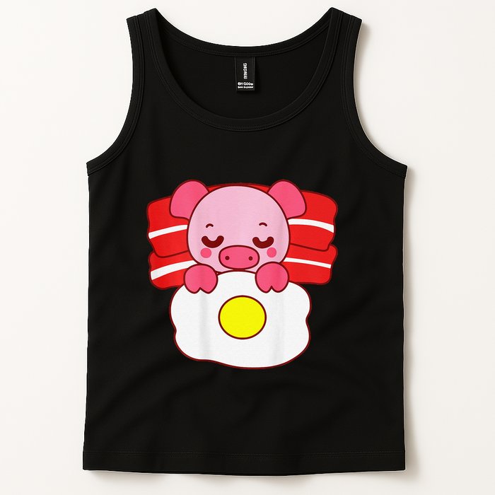 Cute Pig Sleeping On Bacon Pillow & Egg Blanket Art On Back .Png Tank Top