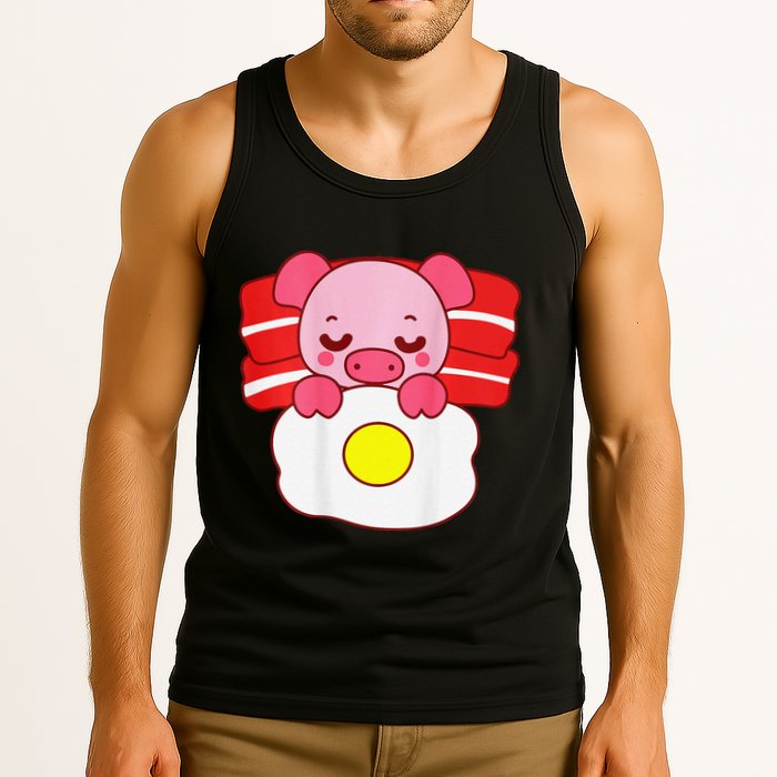 Cute Pig Sleeping On Bacon Pillow & Egg Blanket Art On Back .Png Tank Top
