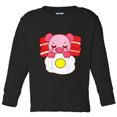 Cute Pig Sleeping On Bacon Pillow & Egg Blanket Art On Back .Png Toddler Long Sleeve Shirt