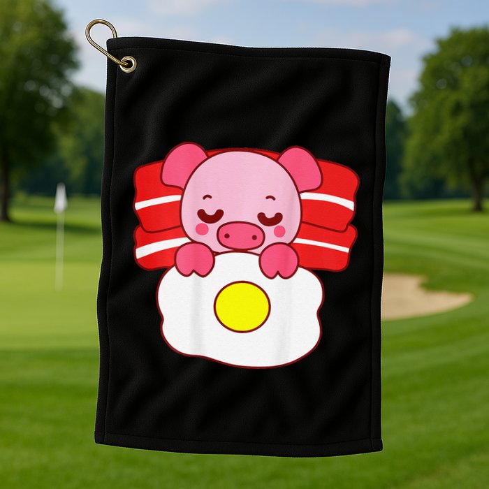 Cute Pig Sleeping On Bacon Pillow & Egg Blanket Art On Back .Png Golf Towel