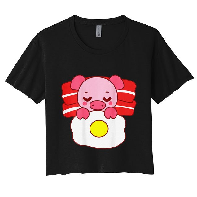 Cute Pig Sleeping On Bacon Pillow & Egg Blanket Art On Back .Png Crop Top