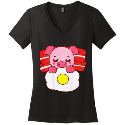 Cute Pig Sleeping On Bacon Pillow & Egg Blanket Art On Back .Png Women's V-Neck T-Shirt