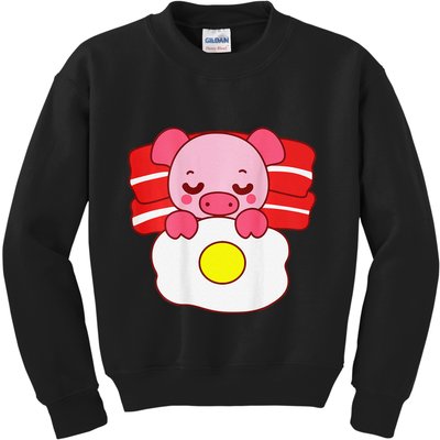 Cute Pig Sleeping On Bacon Pillow & Egg Blanket Art On Back .Png Kids Sweatshirt