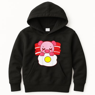 Cute Pig Sleeping On Bacon Pillow & Egg Blanket Art On Back .Png Kids Hoodie