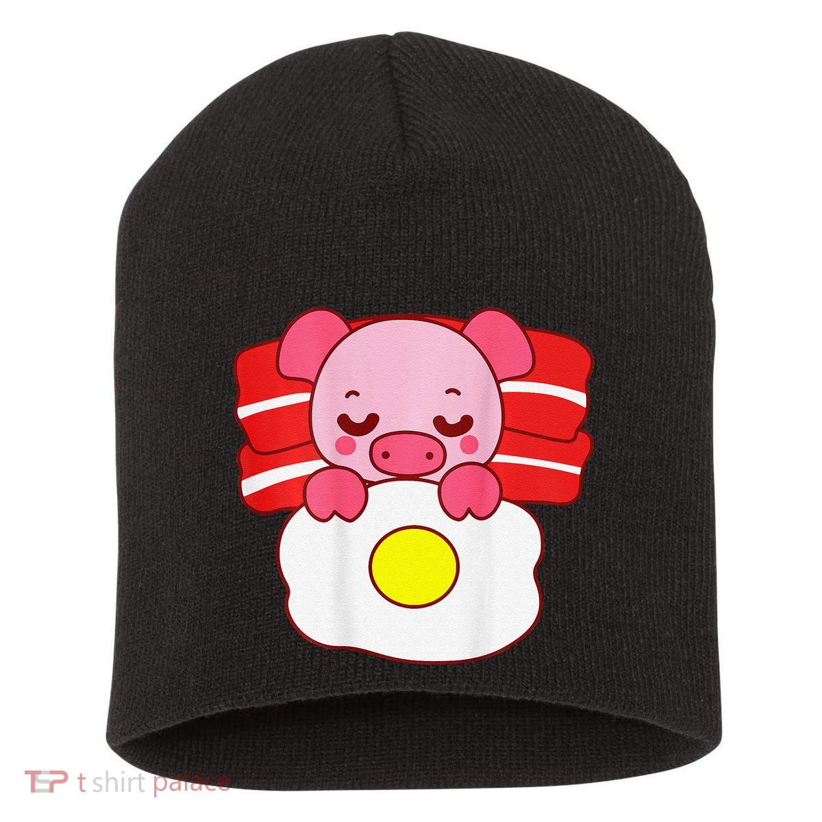 Cute Pig Sleeping On Bacon Pillow & Egg Blanket Art On Back .Png Short Acrylic Beanie