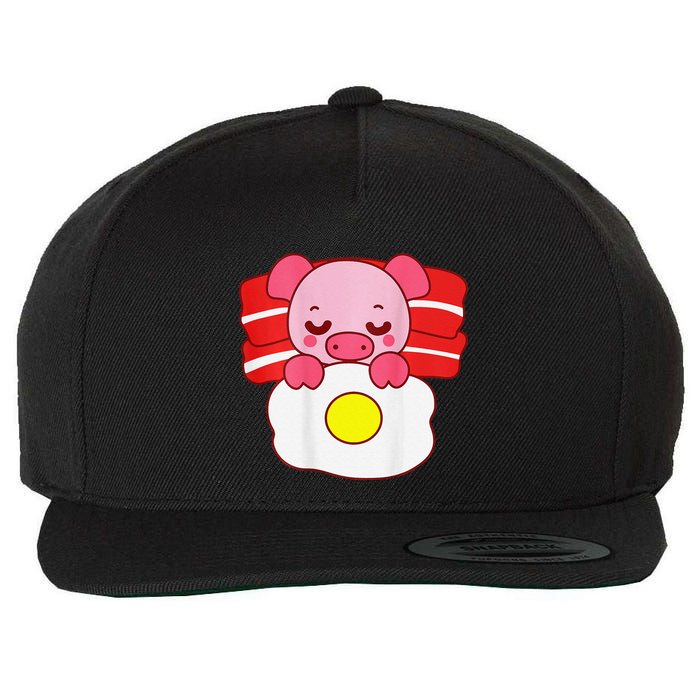 Cute Pig Sleeping On Bacon Pillow & Egg Blanket Art On Back .Png Wool Snapback Cap