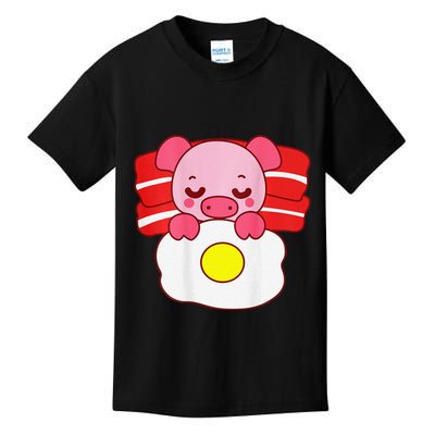 Cute Pig Sleeping On Bacon Pillow & Egg Blanket Art On Back .Png Kids T-Shirt