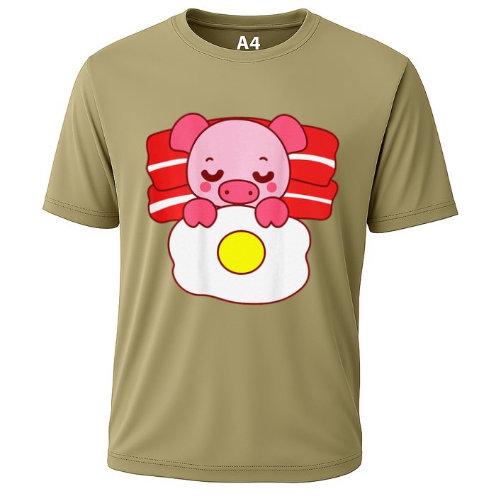 Cute Pig Sleeping On Bacon Pillow & Egg Blanket Art On Back .Png Cooling Performance Crew T-Shirt
