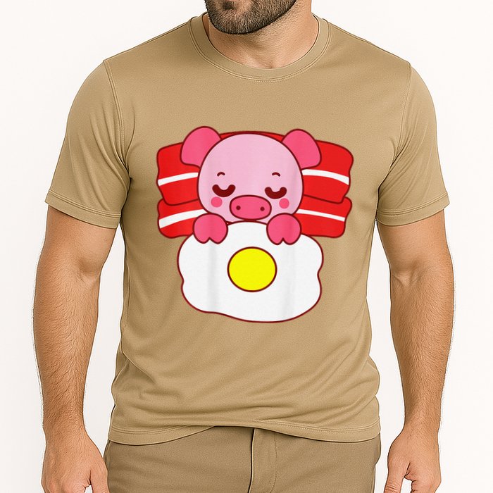 Cute Pig Sleeping On Bacon Pillow & Egg Blanket Art On Back .Png Cooling Performance Crew T-Shirt