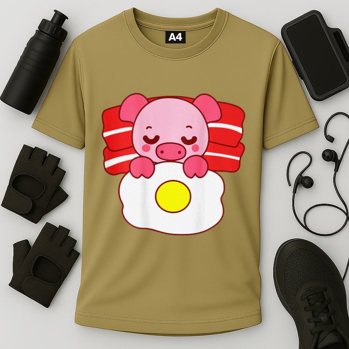 Cute Pig Sleeping On Bacon Pillow & Egg Blanket Art On Back .Png Cooling Performance Crew T-Shirt