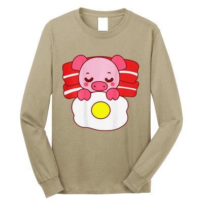 Cute Pig Sleeping On Bacon Pillow & Egg Blanket Art On Back .Png Long Sleeve Shirt