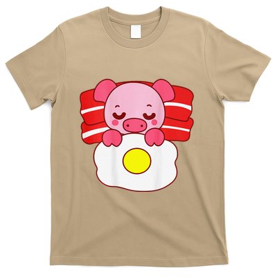 Cute Pig Sleeping On Bacon Pillow & Egg Blanket Art On Back .Png T-Shirt