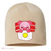 Cute Pig Sleeping On Bacon Pillow & Egg Blanket Art On Back .Png Sustainable Beanie