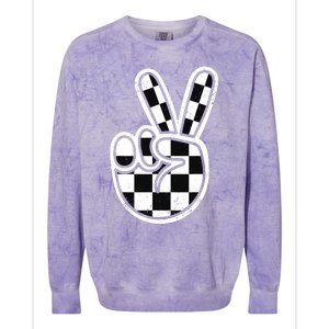 Checkered Peace Sign 60s 70s 80s Race Car Gamer Boy Colorblast Crewneck Sweatshirt