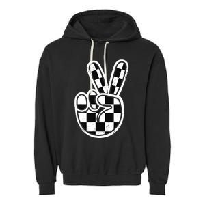 Checkered Peace Sign 60s 70s 80s Race Car Gamer Boy Garment-Dyed Fleece Hoodie