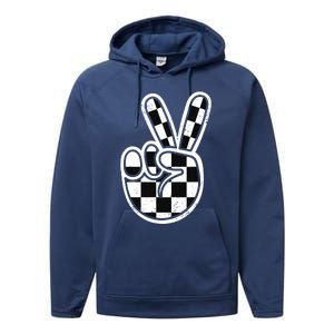 Checkered Peace Sign 60s 70s 80s Race Car Gamer Boy Performance Fleece Hoodie