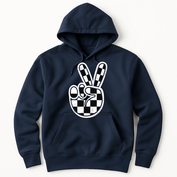 Checkered Peace Sign 60s 70s 80s Race Car Gamer Boy Hoodie