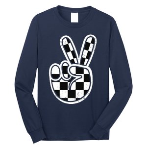 Checkered Peace Sign 60s 70s 80s Race Car Gamer Boy Long Sleeve Shirt