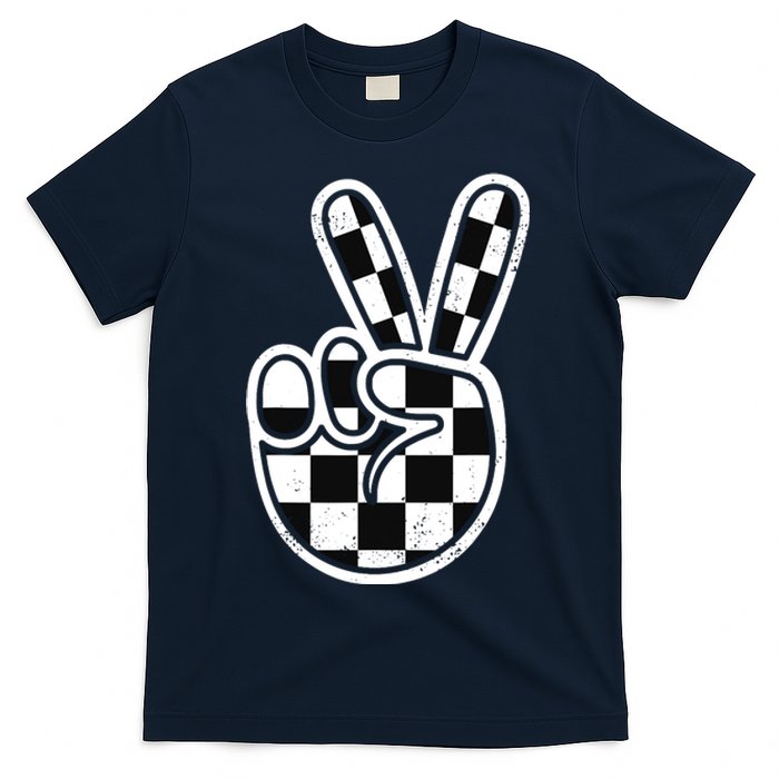 Checkered Peace Sign 60s 70s 80s Race Car Gamer Boy T-Shirt