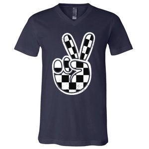 Checkered Peace Sign 60s 70s 80s Race Car Gamer Boy V-Neck T-Shirt