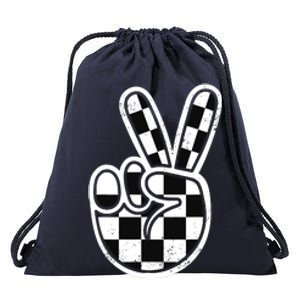 Checkered Peace Sign 60s 70s 80s Race Car Gamer Boy Drawstring Bag