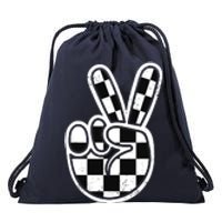 Checkered Peace Sign 60s 70s 80s Race Car Gamer Boy Drawstring Bag