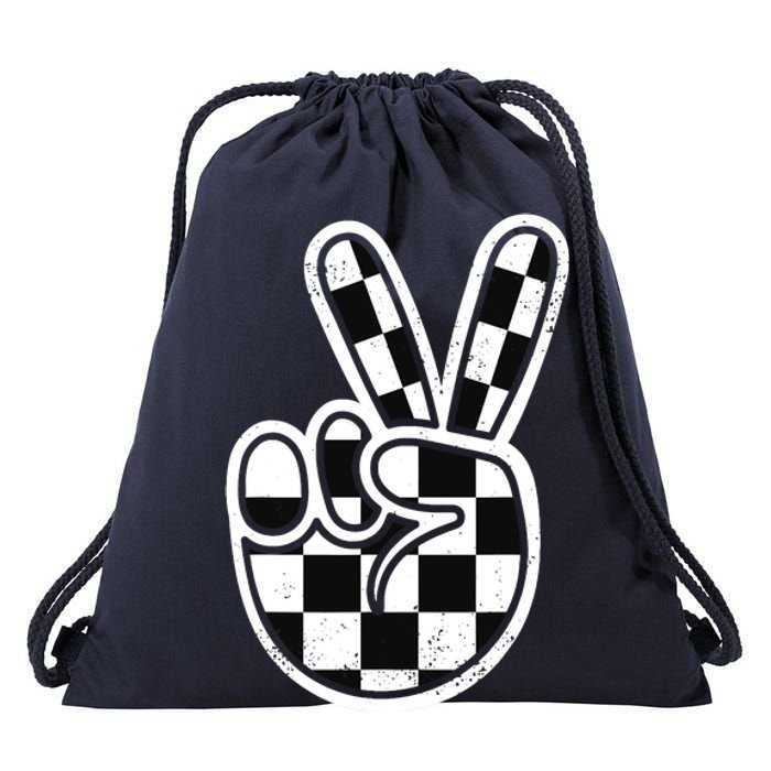 Checkered Peace Sign 60s 70s 80s Race Car Gamer Boy Drawstring Bag