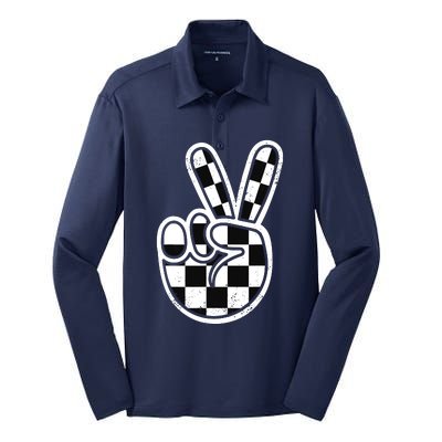 Checkered Peace Sign 60s 70s 80s Race Car Gamer Boy Silk Touch Performance Long Sleeve Polo