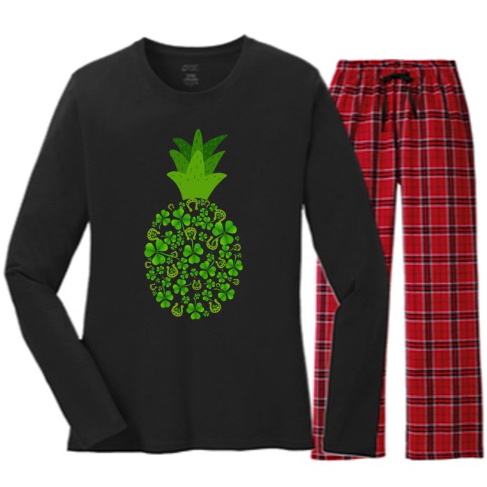 Cute Pineapple Shamrock Leaf Clover Saint Patrick's Day Women's Long Sleeve Flannel Pajama Set 