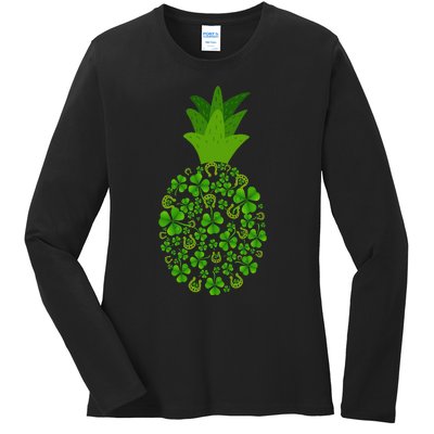 Cute Pineapple Shamrock Leaf Clover Saint Patrick's Day Ladies Long Sleeve Shirt