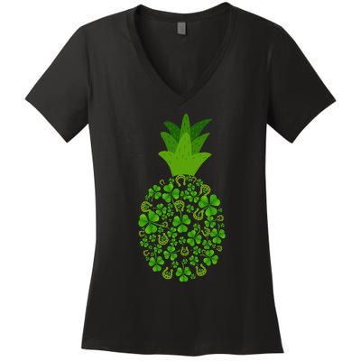 Cute Pineapple Shamrock Leaf Clover Saint Patrick's Day Women's V-Neck T-Shirt