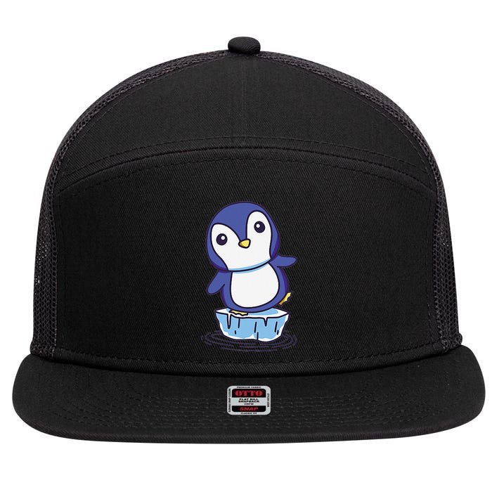 Cute Penguin Standing On An Ice Floe 7 Panel Mesh Trucker Snapback Hat