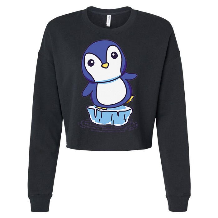 Cute Penguin Standing On An Ice Floe Cropped Pullover Crew