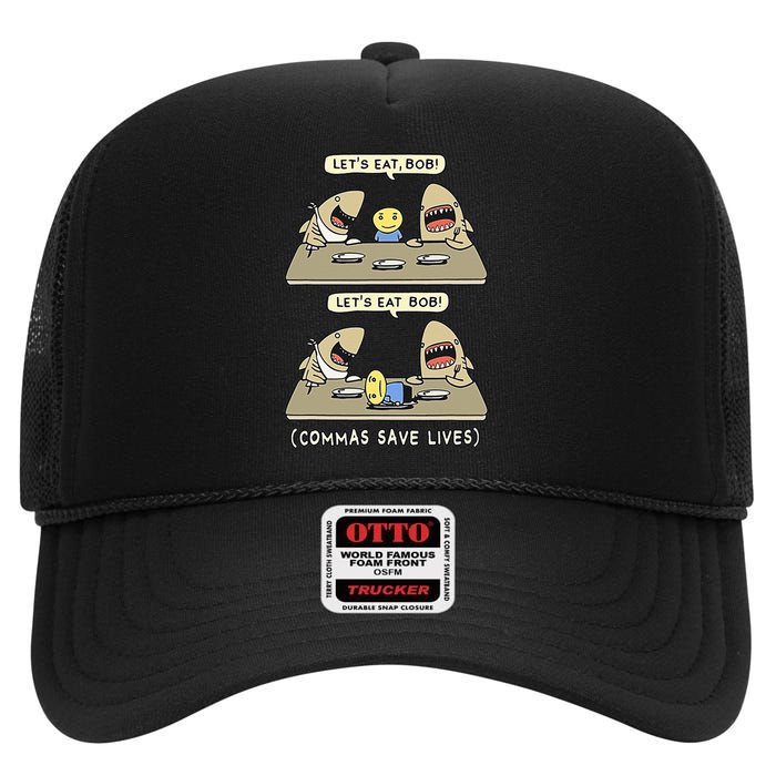 Commas Punctuation Shark Lets Eat Funny English Grammar High Crown Mesh Back Trucker Hat