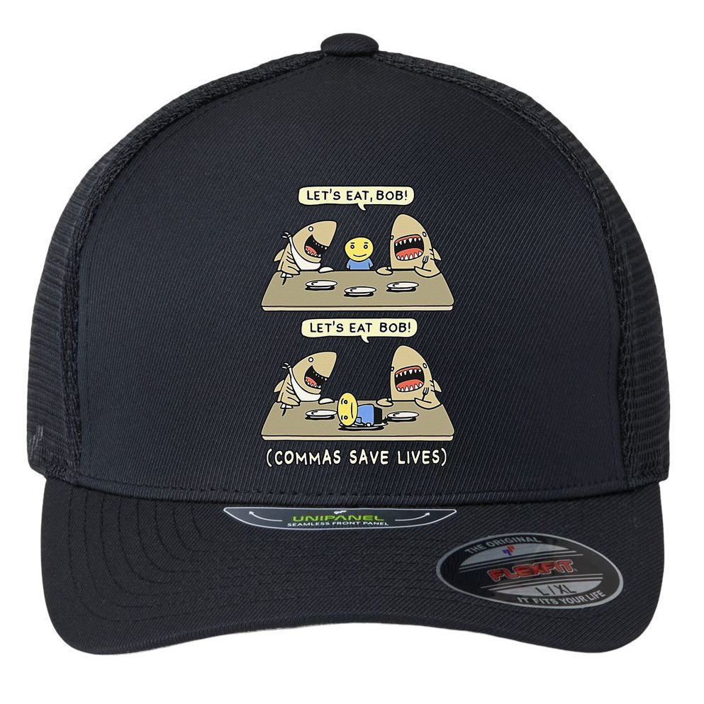 Commas Punctuation Shark Lets Eat Funny English Grammar Flexfit Unipanel Trucker Cap