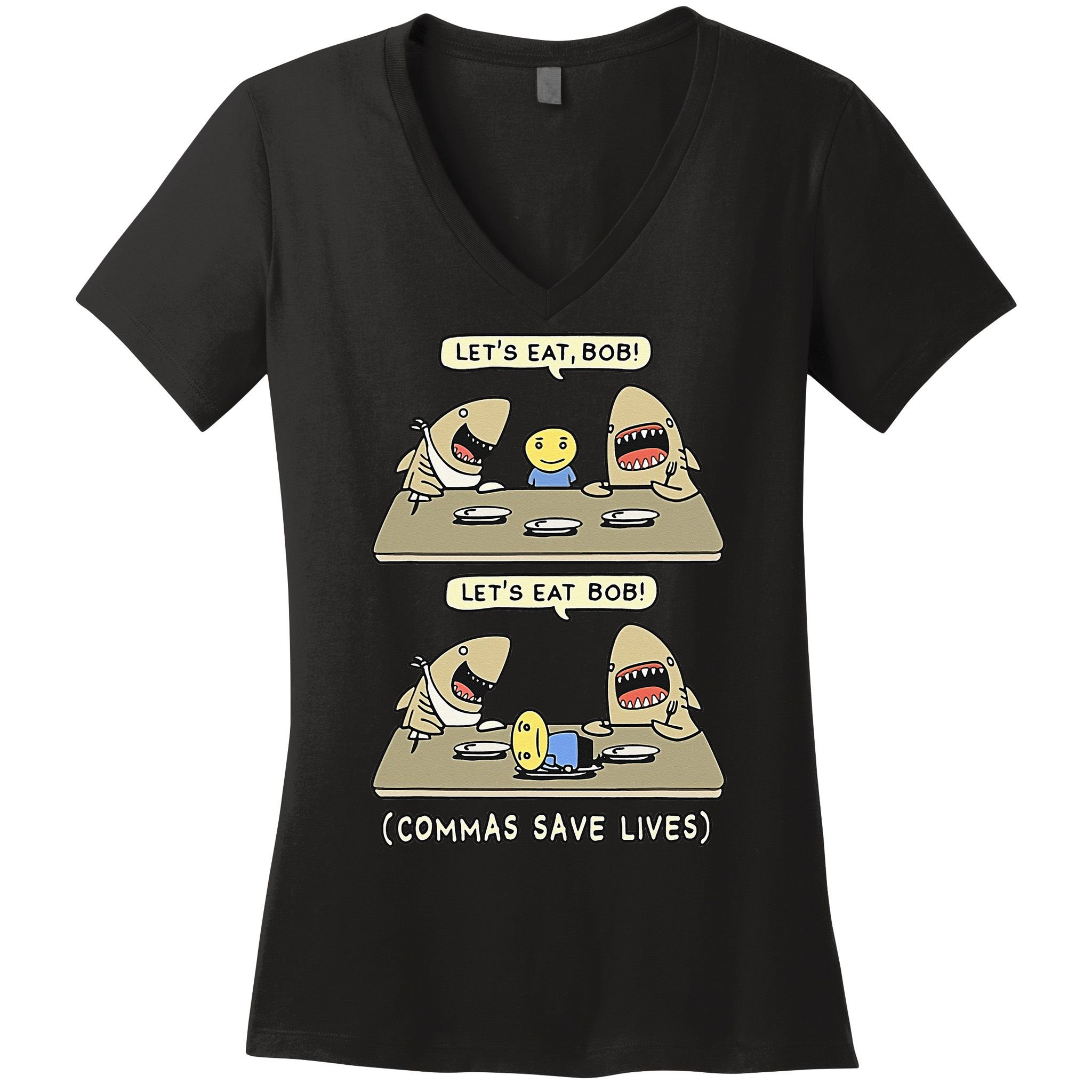 Commas Punctuation Shark Lets Eat Funny English Grammar Women's V-Neck T-Shirt