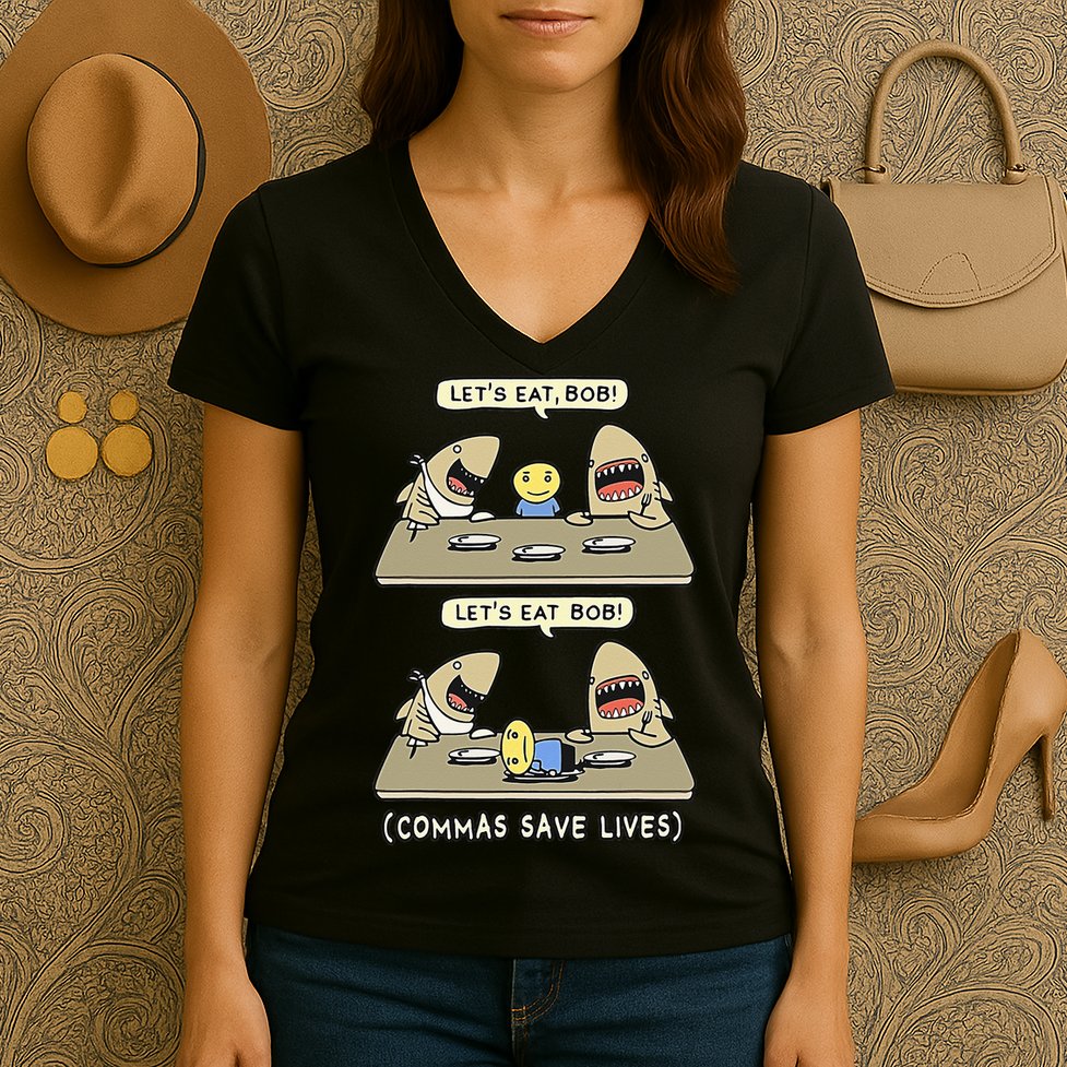 Commas Punctuation Shark Lets Eat Funny English Grammar Women's V-Neck T-Shirt